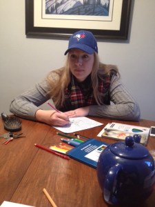 Mireille and I watched the Jays' game and coloured. It was pretty great.