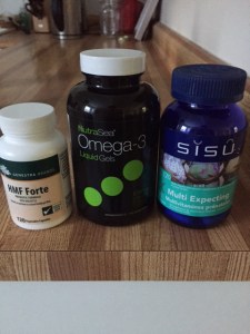 My daily vitamins. I have to carefully time them to avoid puking.